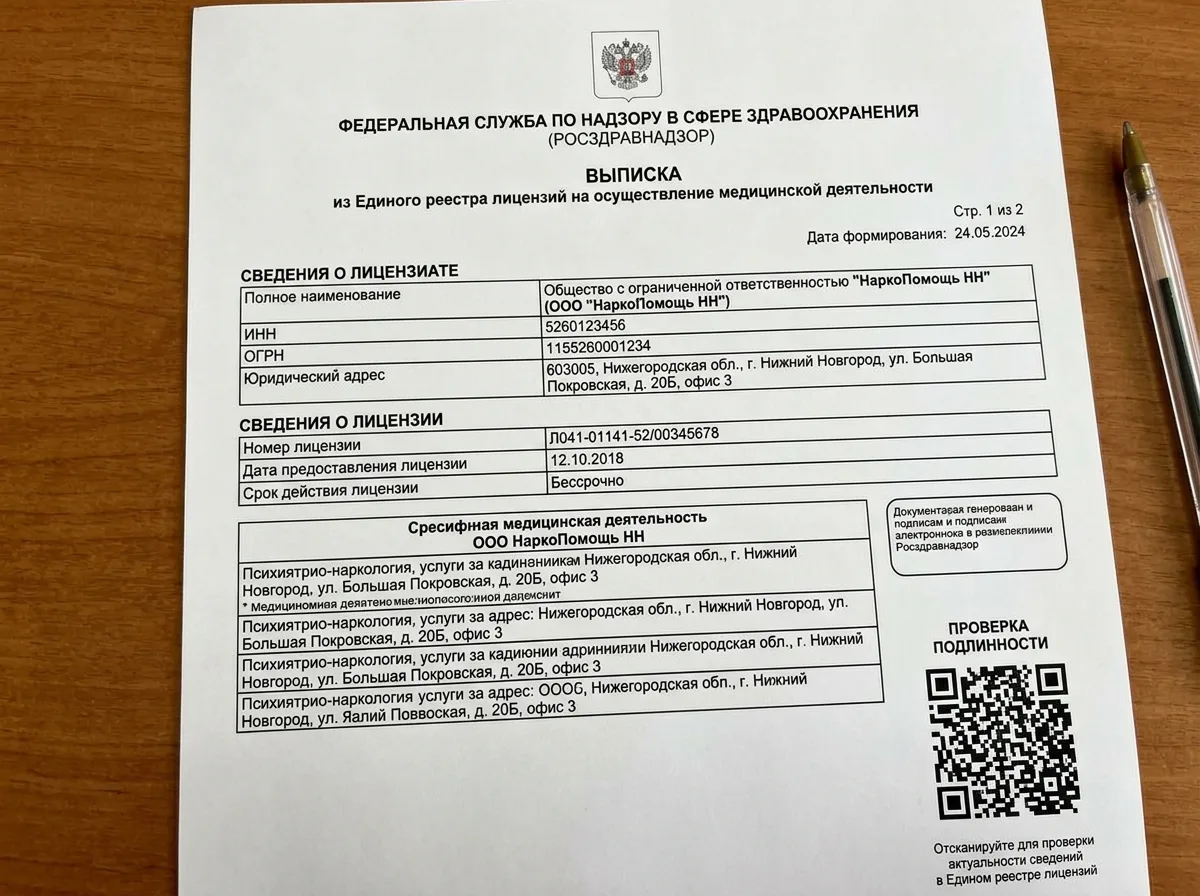 Выписка из реестра лицензий Росздравнадзора, страница реестра с данными ООО НаркоПомощь НН, официальная распечатка с QR-кодом для проверки подлинности